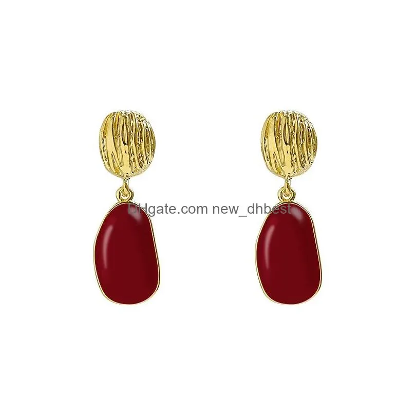 fashion jewelry s925 silver post geometry earrings vintage wine red irregular oval dangle stud earrings