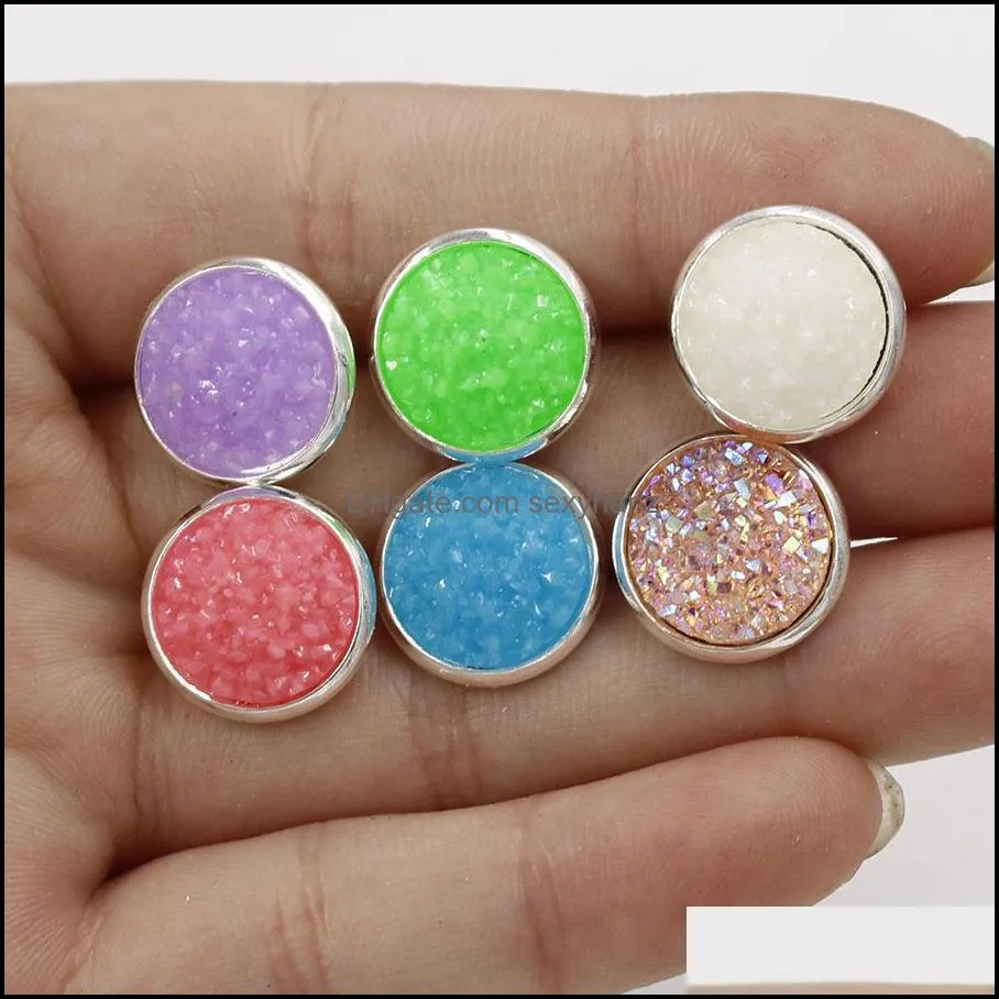 fashion silver gold plated round stainless steel 12mm resin druzy drusy earrings handmade stud for women jewelry