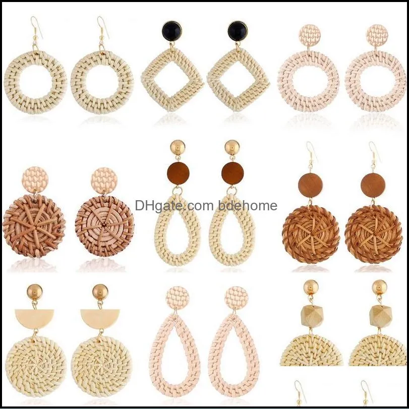 handmade wooden straw charm weave rattan vine braid drop earring fashion geometric long earrings