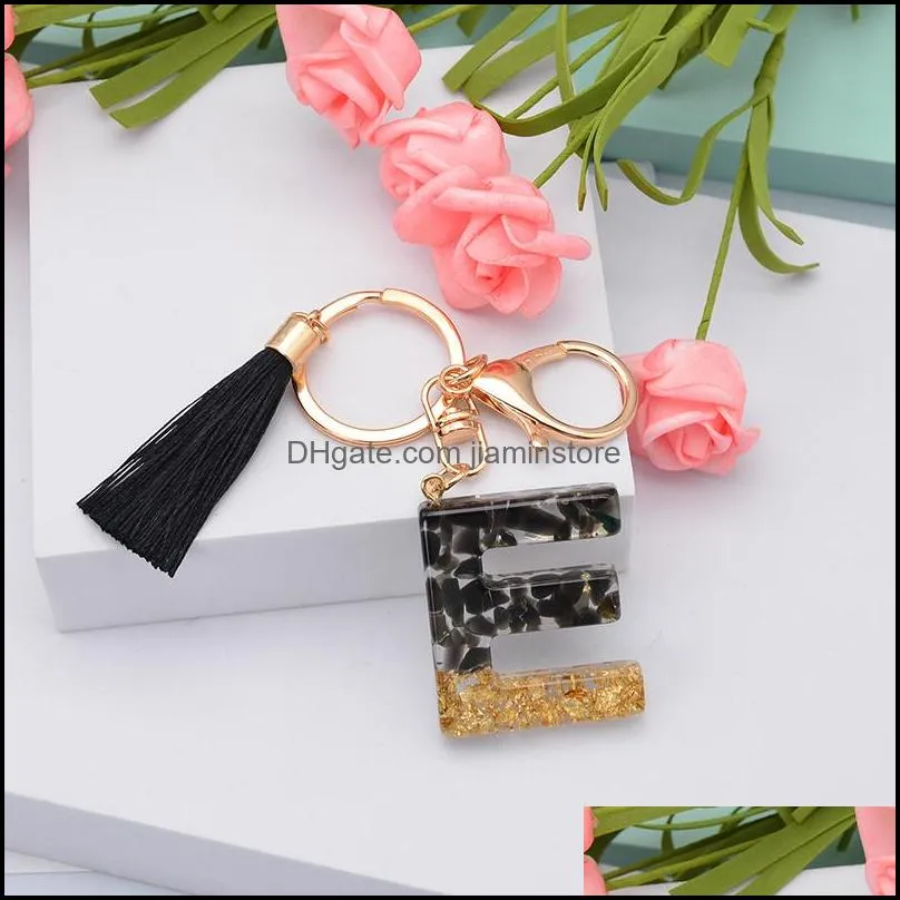 fashion english letter keychain with tassel black az keyring glitter sequins filling resin key chain gifts accessories