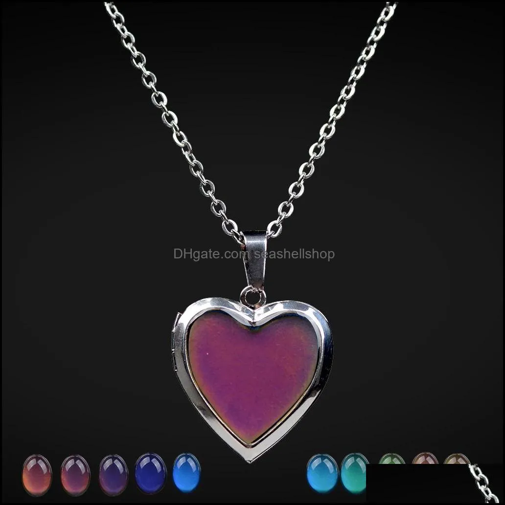  heart shape photo frame floating locket necklace for women discolor moodchanging thermochromic temperature sensing necklaces