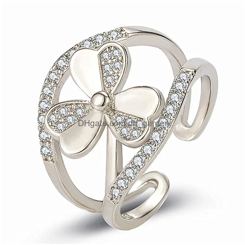 cluster rings fashion lucky clover zircon diamonds gemstones for women rose gold white silver color jewelry bijoux accessory gifts