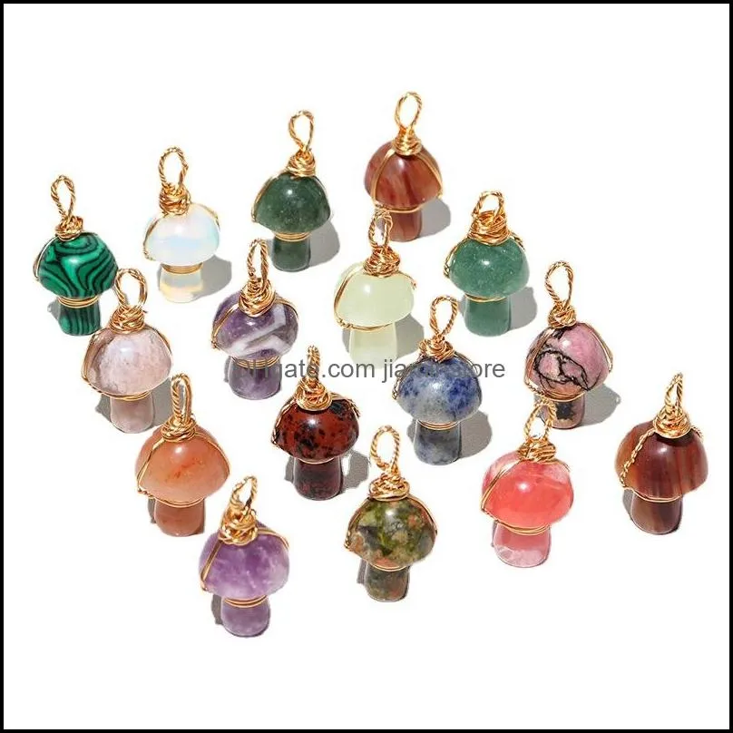 natural stone carving 20mm mushroom shape wire wrap charms pendant reiki healing crystal tiger eye rose quartz opal aventurines for necklace jewelry