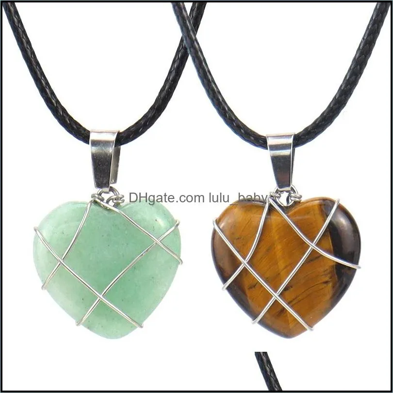 wire wrap heart pendant necklaces reiki healing crystal tiger eye amethyst aventurines chakra necklace for women jewelry