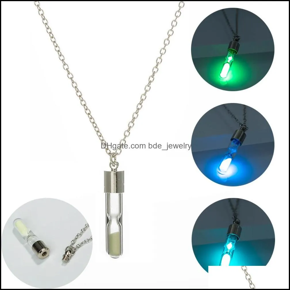 glow in the dark open hourglass necklaces for women men glass tube fluorescent light wish drift bottle pendant chains fashion jewelry