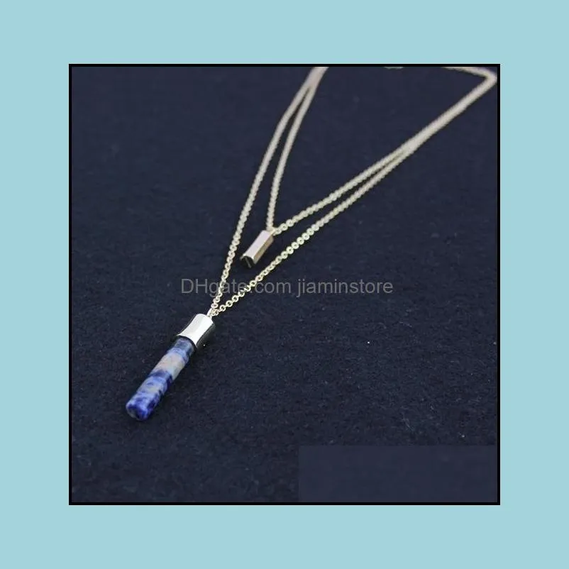 blue pink quartz double layer multilayer necklace cylinder natural stone gold plated sweater long necklaces for women jewelry