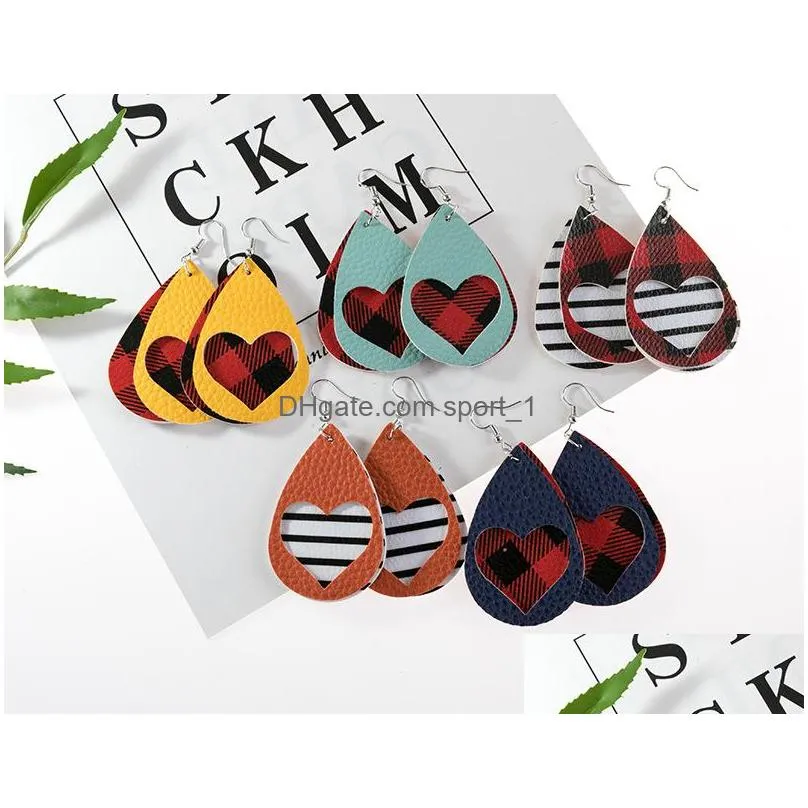 fashion jewelry double layer pu leather earrings heart hollow out faux leather dangle earrings