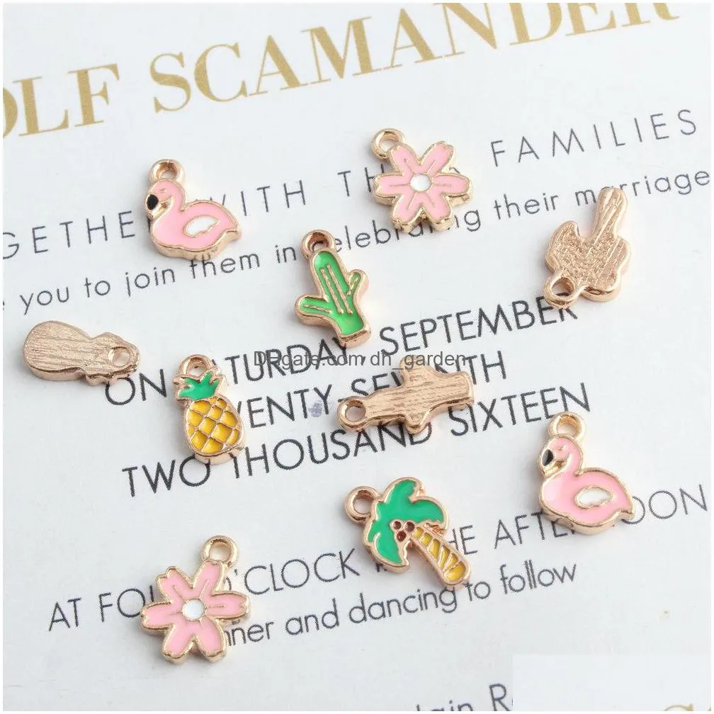 10pcs cute mini flower coconut tree flamingo enamel charms pendant diy findings women handmade jewelry making accessory p132