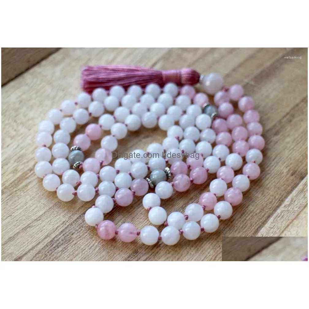 pendant necklaces 108 mala bead whitejade rosequartz necklace spiritual jewelry tassel pink hand knotted yoga prayer