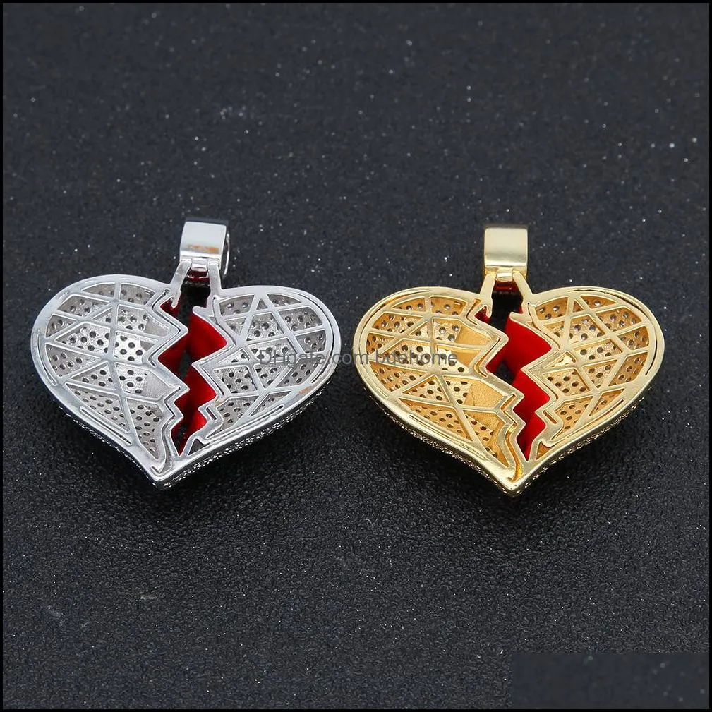 iced out cz broken love heart pendant necklaces bling cubic zirconia gold silver charm twisted chain for women men rapper hip hop