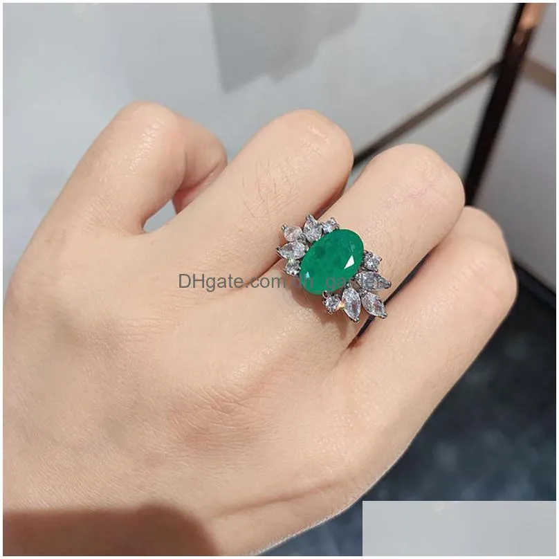 cluster rings charms sterling 925 silver 8x12mm paraiba tourmaline emerald gemstone for women high carbon diamond fine jewelry