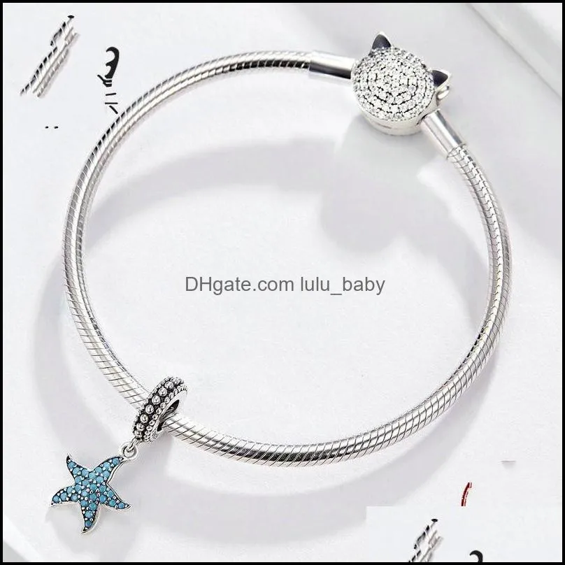 blue cz full pave setting cute starfish dangle charm pendant fit pandora bracelet 100 genuine 925 sterling silver 65 w2