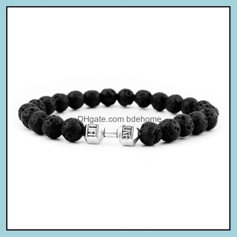 men black lava stone dumbbell beaded bracelet bangles fashion scrub stones barbell bracelets for women jewelry party gifts x14a