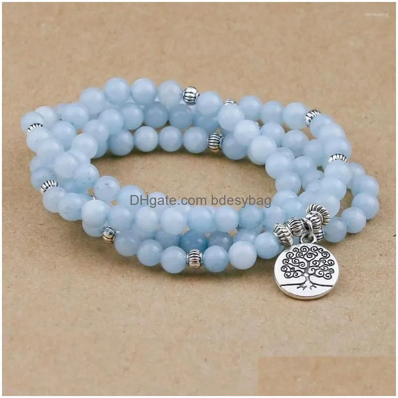 strand blue stone beads bracelets for women 108 buddha bracelet jewelry with lotus pendant vintage yogi multilayer men