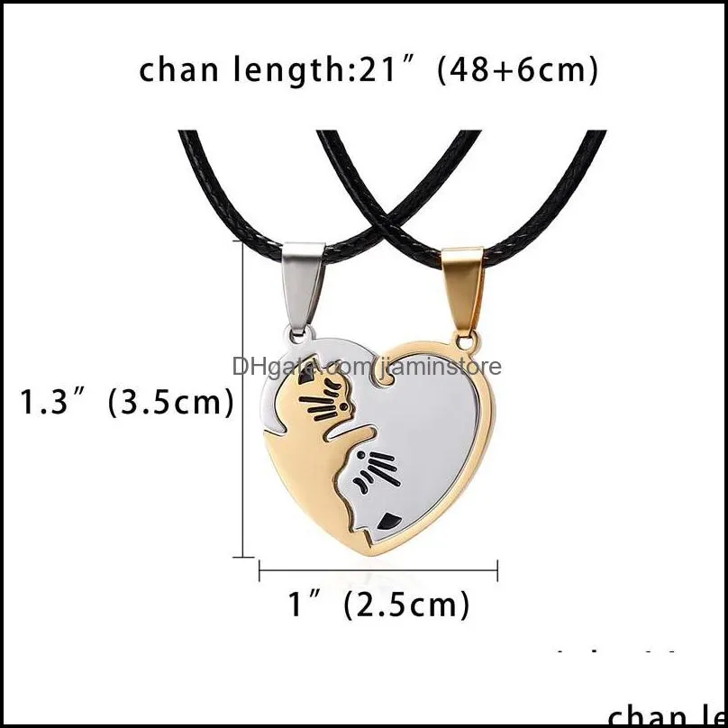 animal pendant black white cat stitching necklace simple friendship gift heart shape gold cute couple rope chain necklaces 2pcs/set