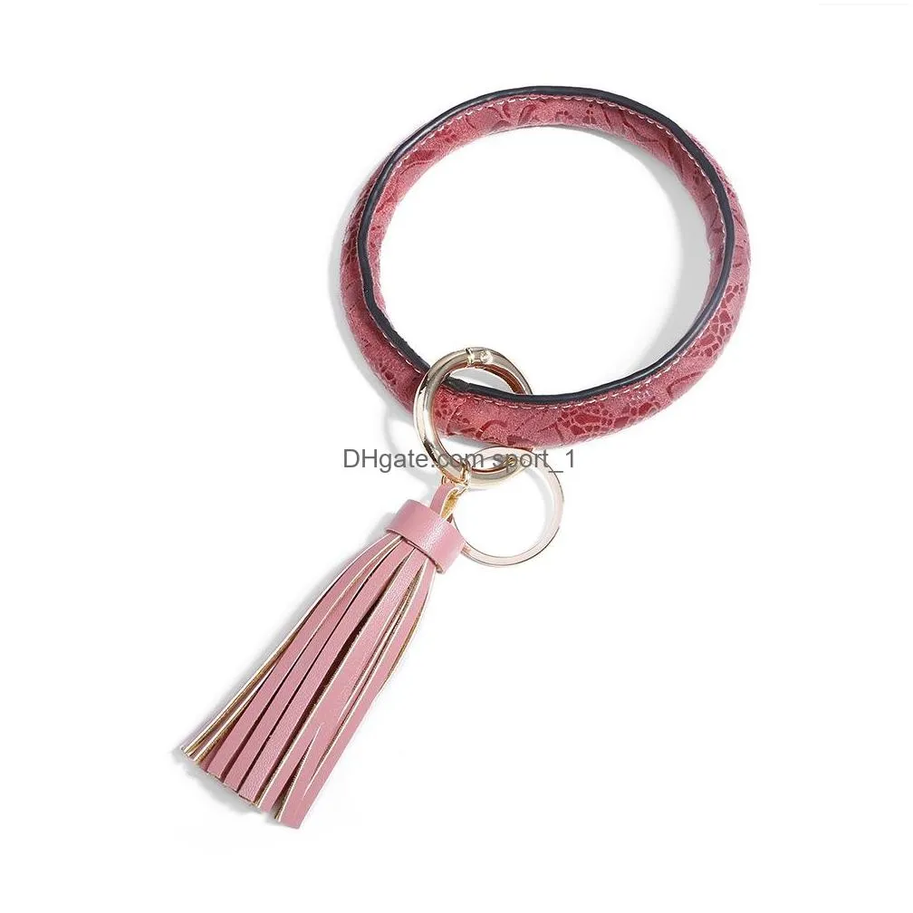 women girls floral pu leather bracelet key ring bangle keyring tassel ring circle key ring keychain wristlet keyrings jewelry