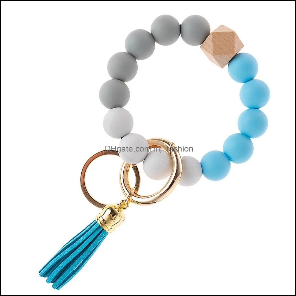 silicone beads bracelet key ring solid color tassel wooded double rings keychain for women bangle accessories q386fz