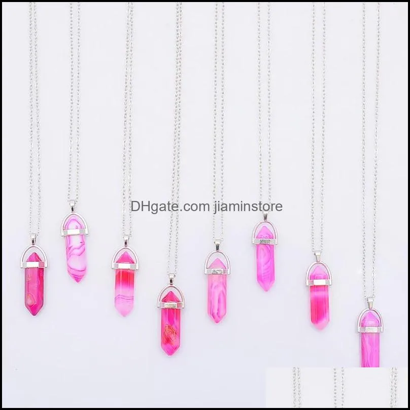 natural stone hexagonal prism shape pendant necklaces reiki healing crystal stripe agate charms necklace for women jewelry