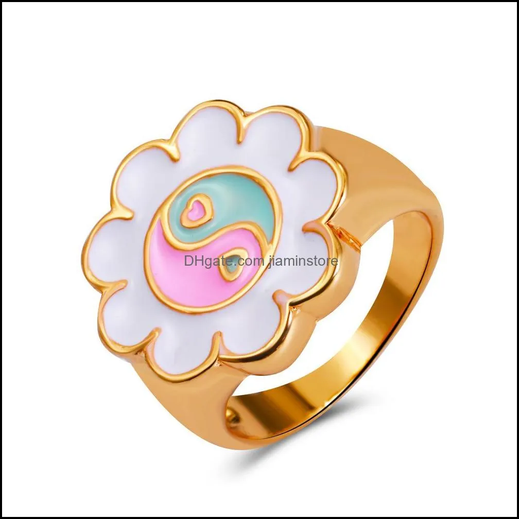 sweet sunflower heart enamel finger rings for women korean dripping oil contrast color tai chi gossip yin yang rings y2k jewelry