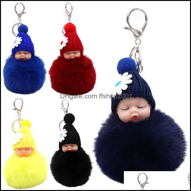 20 styles cute sleeping baby doll key rings fashion fuzzball pompom keychains for women fluffy car pendant keyring jewelry