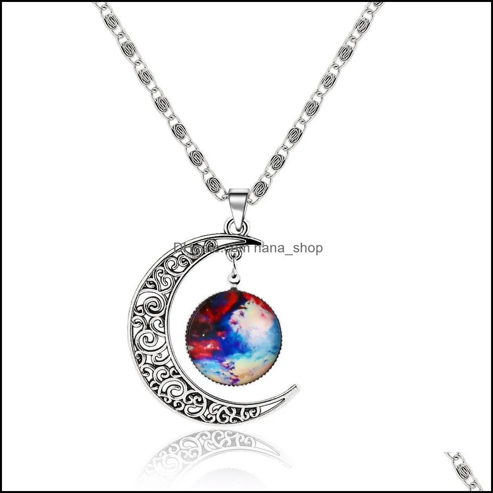 fashion galaxy planet pendant necklaces moon cabochons glass world starry space moonstone charms necklace for womens choker jewelry