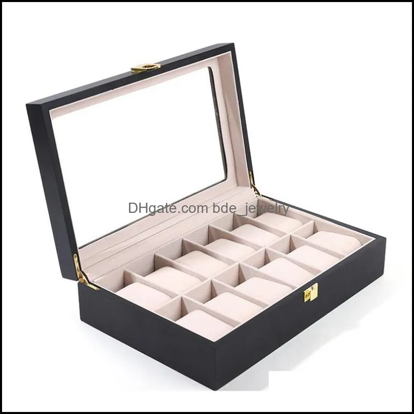 12 slots wrist watch boxes holder storage case glass organizer black red wooden display box 29x21x16cm