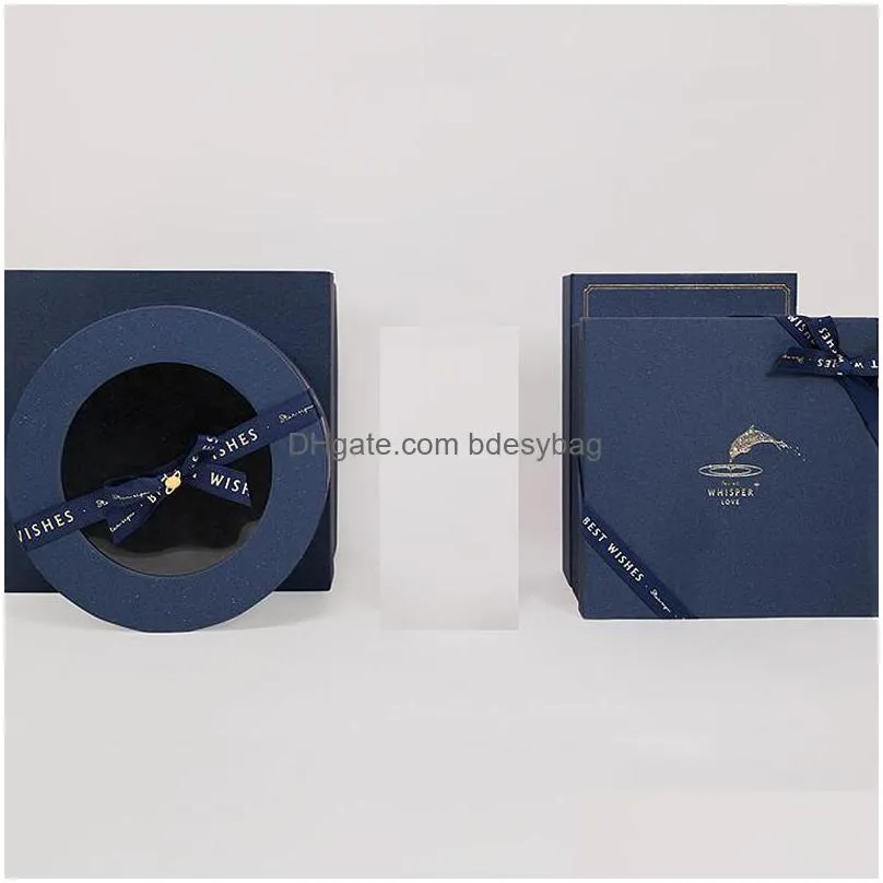 gift wrap highgrade hollowout box blue round rectangular bronzing embossed pattern ribbon year party scarf jewelry paper box1