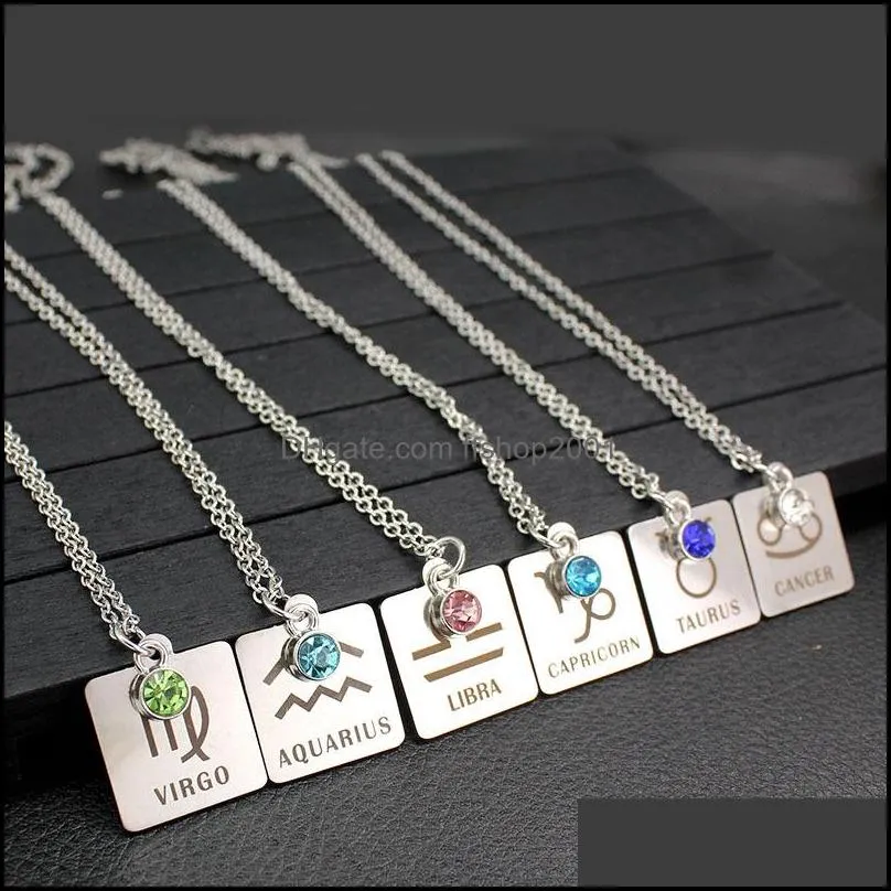  birthstone necklace women 12 zodiac constellations stainless steel dog tag pendant silver chain for men s birthday fashion jewelry