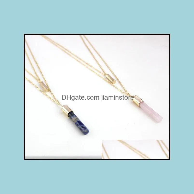 blue pink quartz double layer multilayer necklace cylinder natural stone gold plated sweater long necklaces for women jewelry