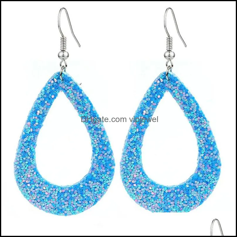 2021 e arrival pu leather waterdrop glitter dangle earring for women 16 colors teardrop silver plating hook statement earrings