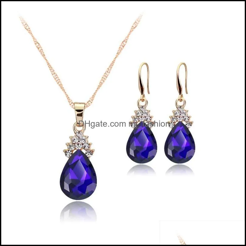 sale rhinestone crystal waterdrop pendant earring necklace set for women exquisite gold plaing necklace wedding party jewelry set