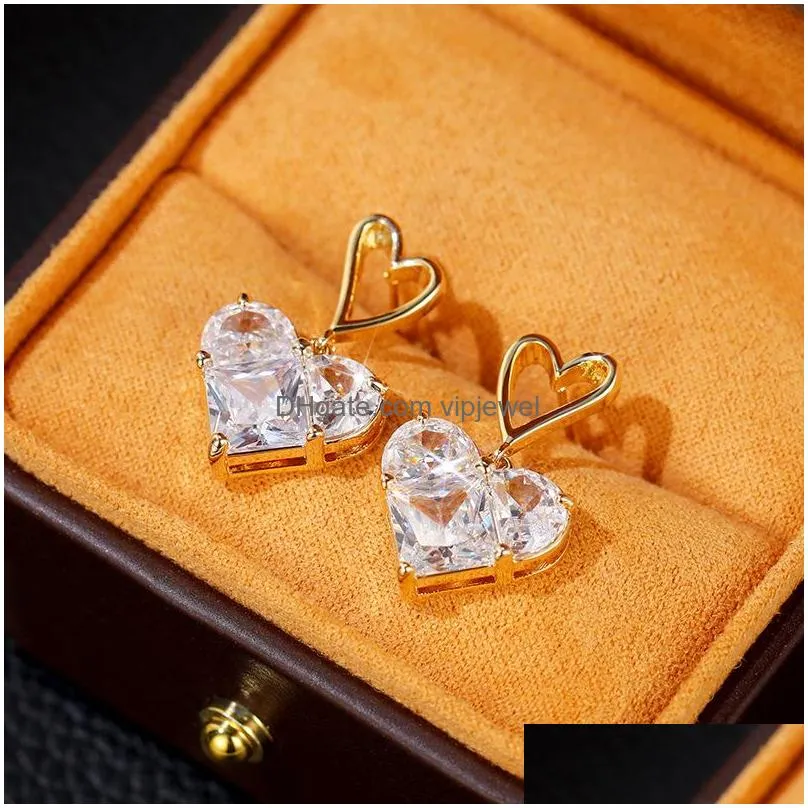fashion jewelry copper hollow out heart zircon dangle earrings sweet peach hearts stud earrings