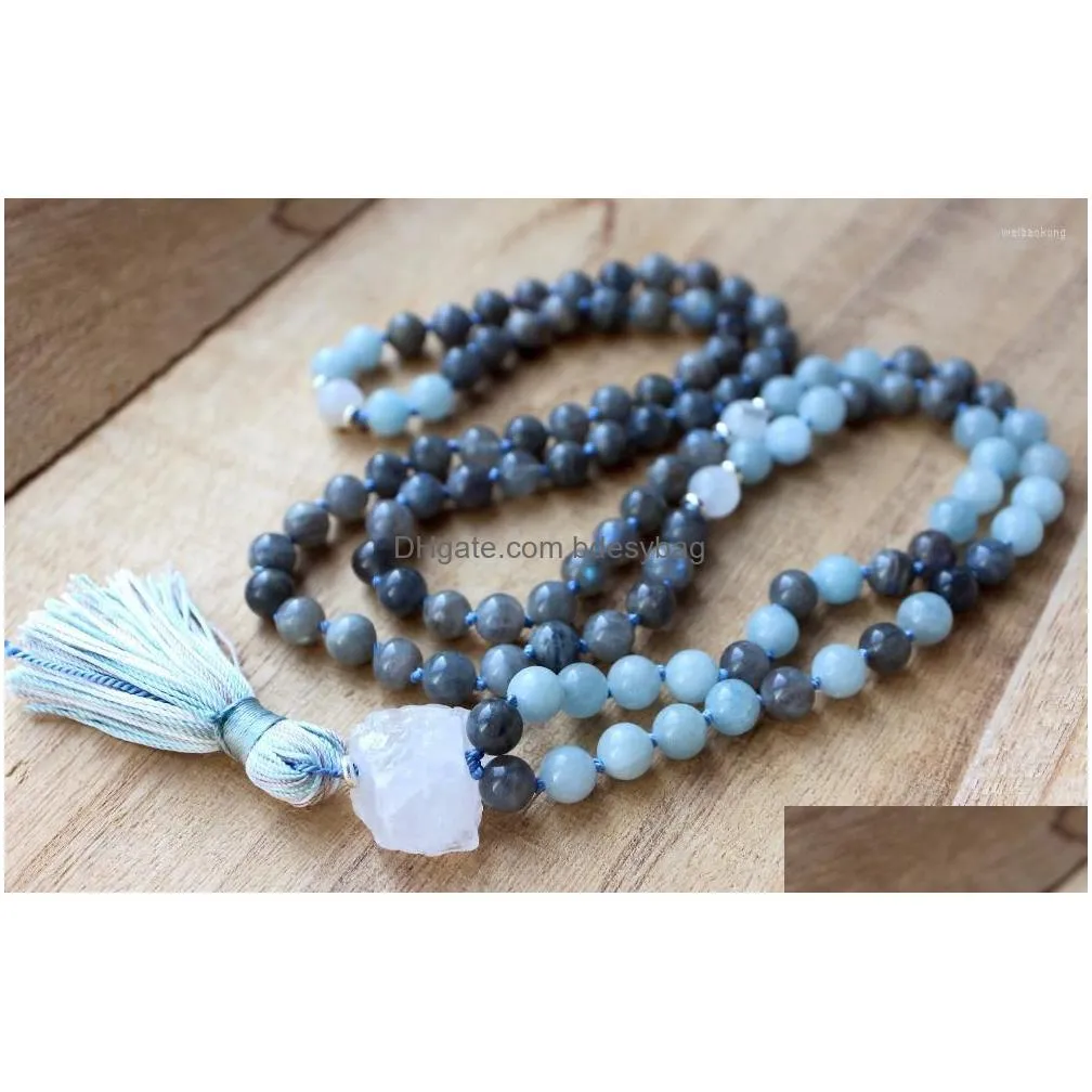 pendant necklaces natural labradorite 108 mala bead meditation necklace yoga jewelry tassel hand knotted prayer