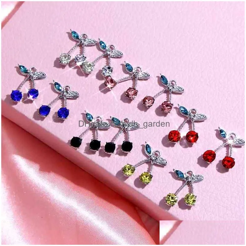 10pcs/set gold silver color cherry crystal charms fashion fruit jewelry accessories for making diy earrings pendant necklaces