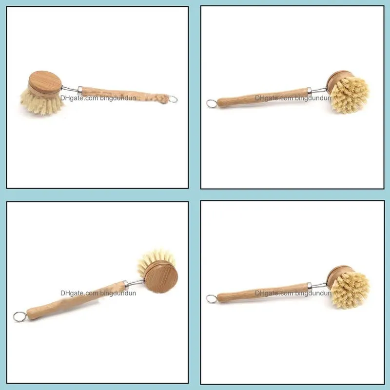 natural wooden long handle pot brush kitchen pan dish bowl washing cleaning brush household cleaning tools rre8640