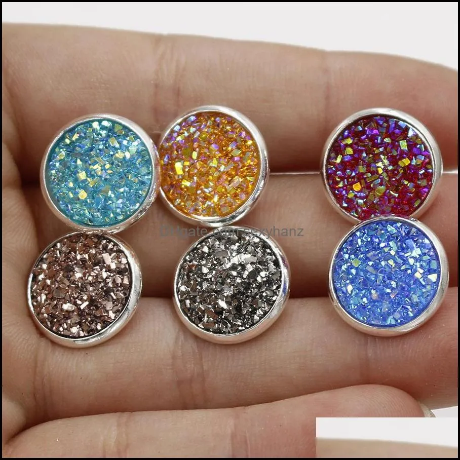 fashion silver gold plated round stainless steel 12mm resin druzy drusy earrings handmade stud for women jewelry