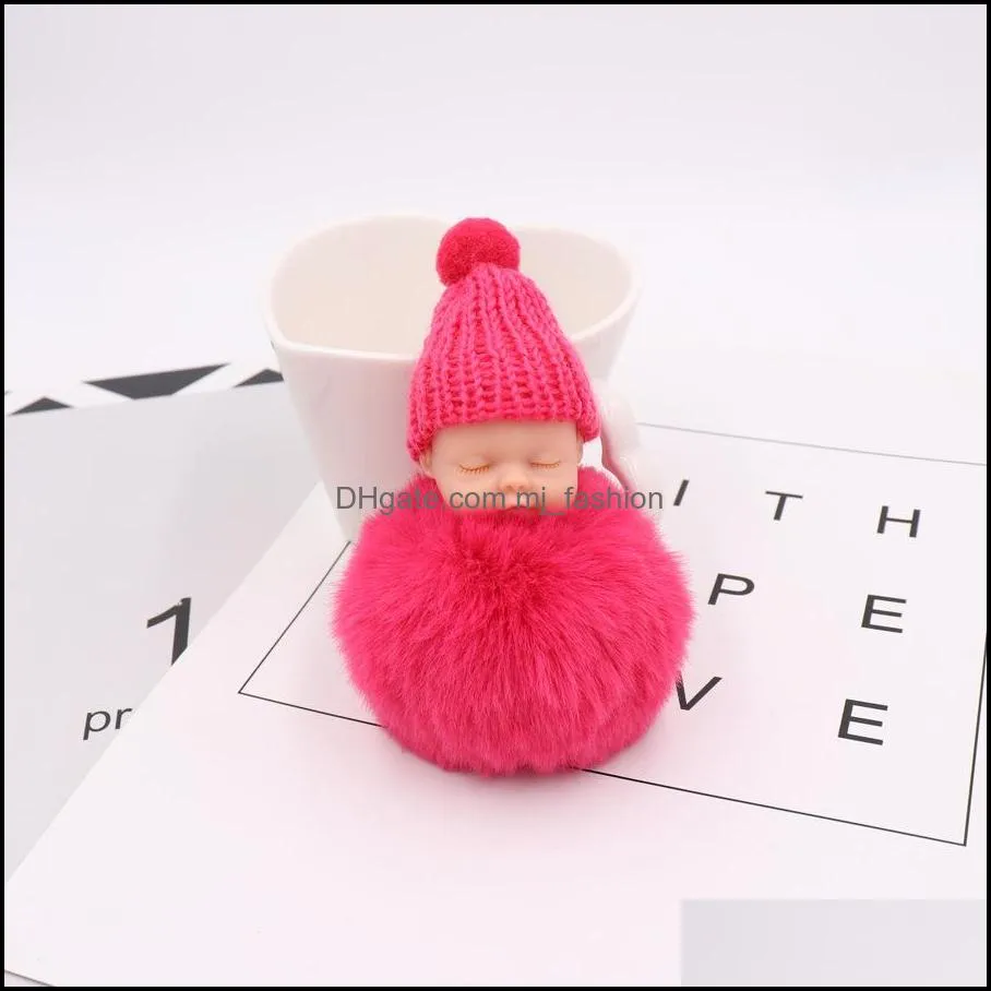 fluffy pompom key rings rabbit fur ball keychains high quality sleeping baby doll keyfobs holder for women pendant keyring