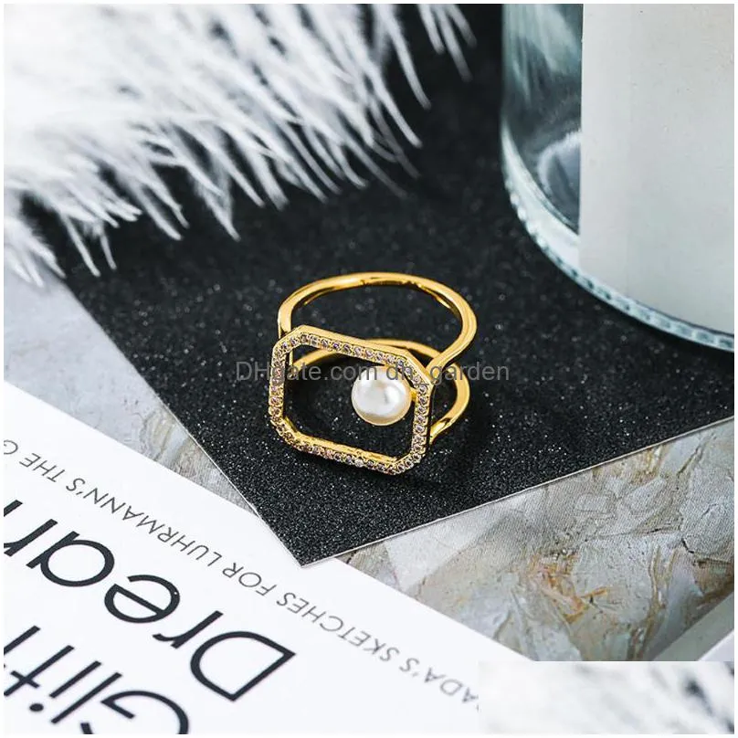 cluster rings trendy style shiny zirconia open ring women simulated pearl geometric finger elegant charm hand jewelry accessories