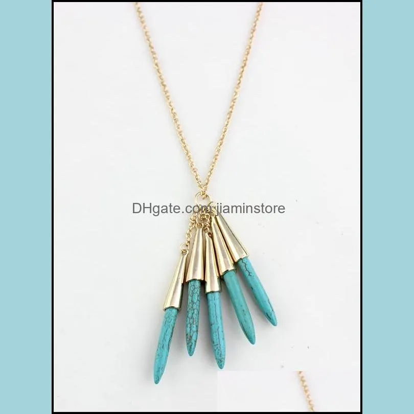 fashion natural stone white green turquoise necklace gold metal long chain sweater statement necklace