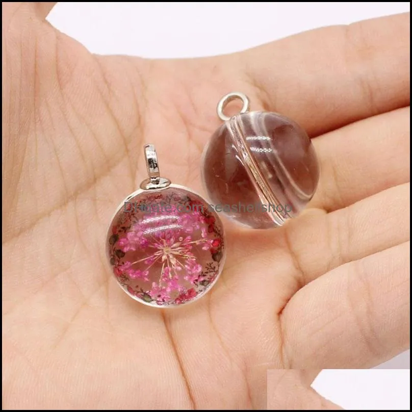 unique design ball shape 20mm dried flower glass pendant charm for necklace earring harajuku style transparent diy jewelry charm