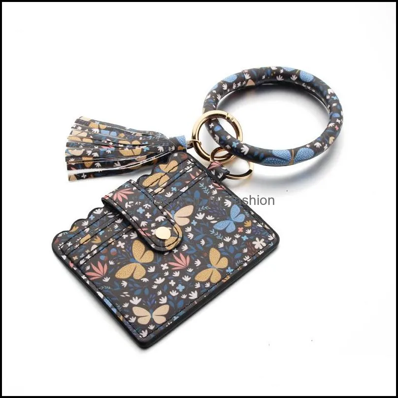 circle wristlet key ring bracelet credit card pocket leather tassel wrist bangle keychain girl fashion pattern keys fob q35fz