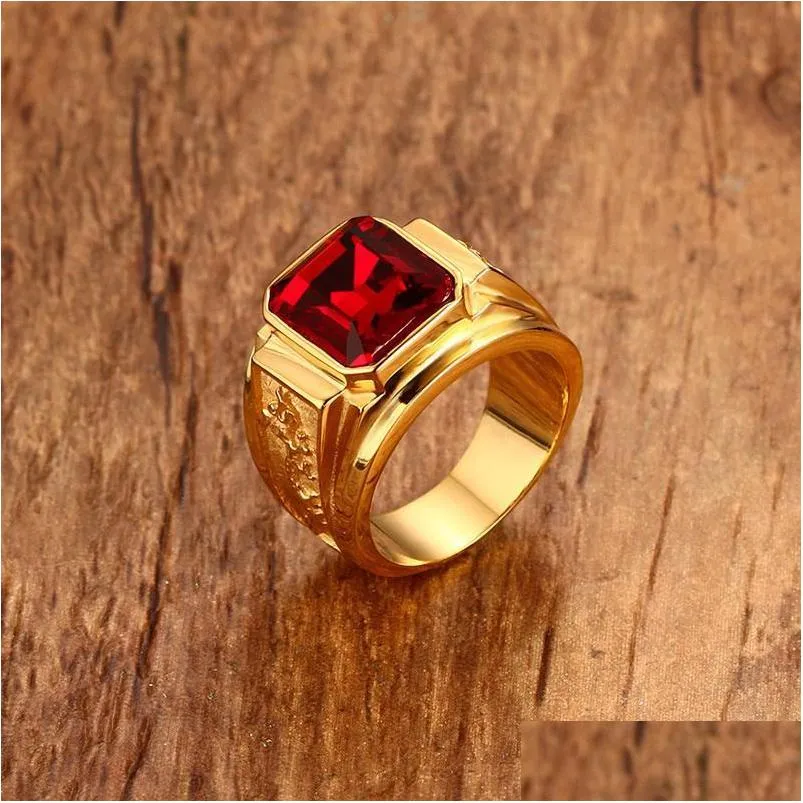 cluster rings square red stone hiphop men ring in golden stainless steel engrave dragon mens jewelry