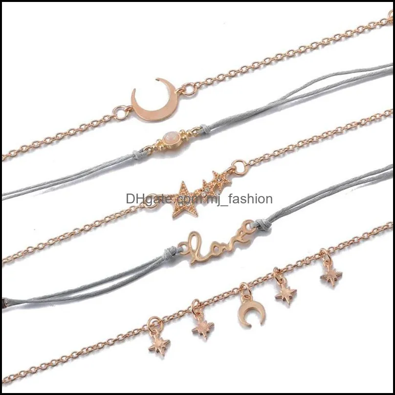 6 pcs / set star moon love crystal pendant gold acrylic bead bracelet for women classic multilayer braided rope chain bracelet set