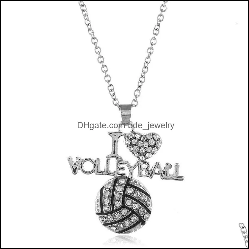  i love volleyball necklaces crystal letter heart basketball football pendant silver chains for women fashion sports jewelry gift