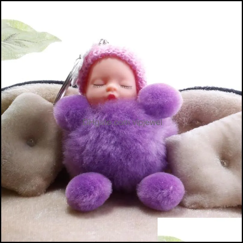 sleeping baby doll keychain pompom fur ball keyrings car key holder women bag pendant keychains charm gift