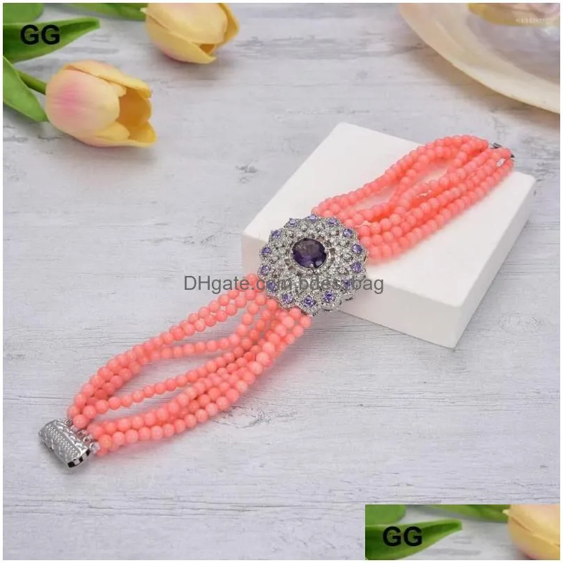 strand jk 8 strands pink coral bracelet cz connector for women lady jewelry