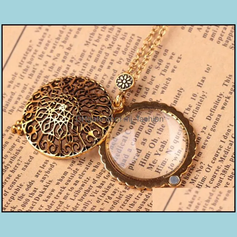 hollow pattern circle cabochon domed magnifying glass necklace unisex magnifier pendant antique gold alloy necklaces jewelry