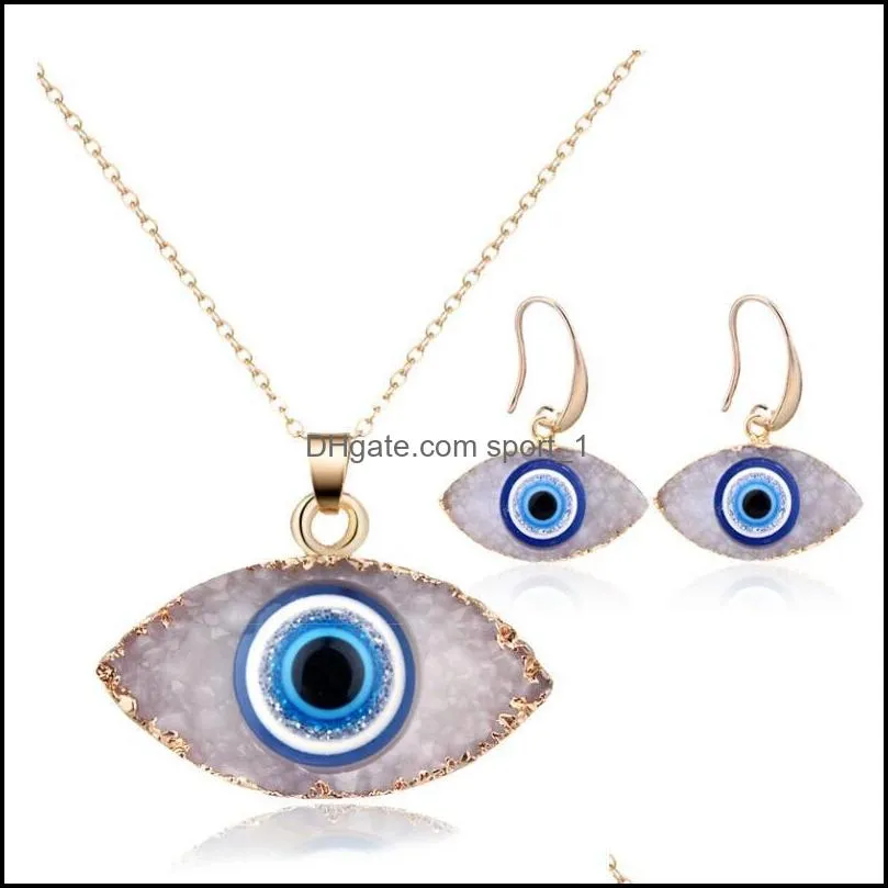 fashion charm luck turkey blue evil eye earrings necklace druzy drusy resin stone pendantjewelry set for women