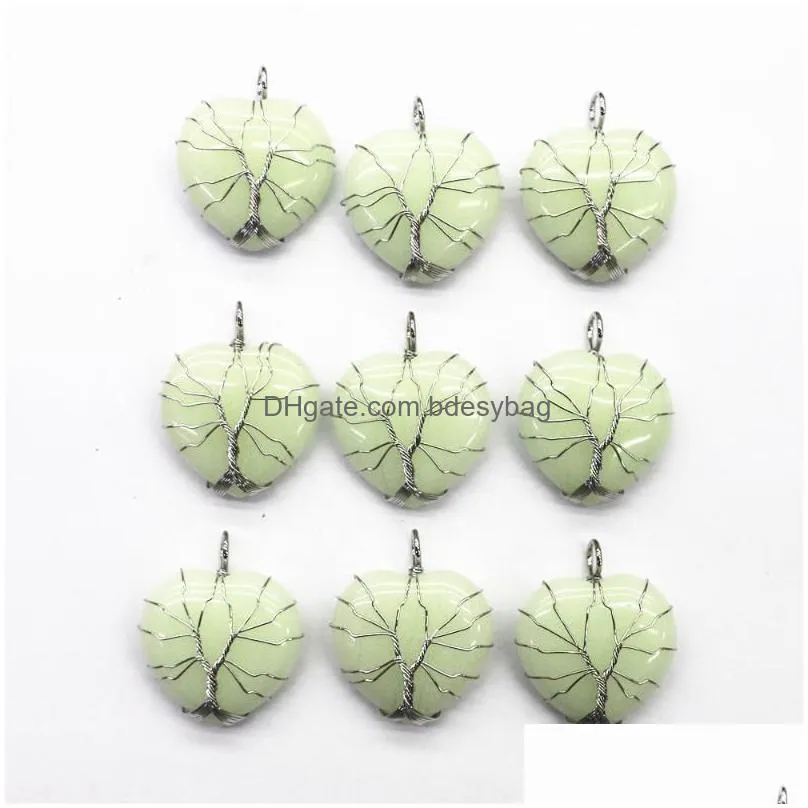 pendant necklaces 5pc natural crystal tree of life heartshaped shape reiki polished mineral healing stone for men women jewelry gift