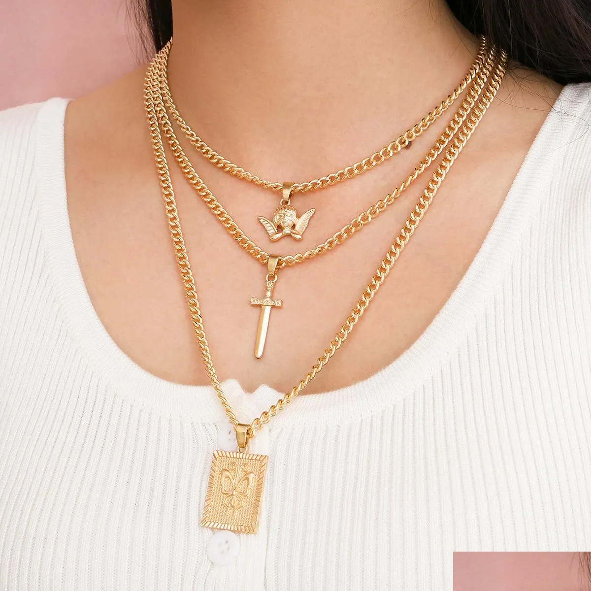 fashion jewelry multilayer necklace metallic butterfly cross pendant necklace 3pcs/set
